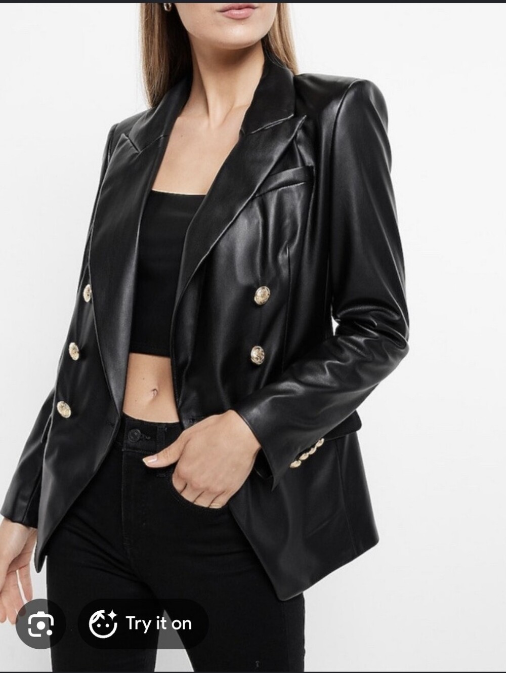 Express Double-Breasted Black Faux Leather Blazer Small